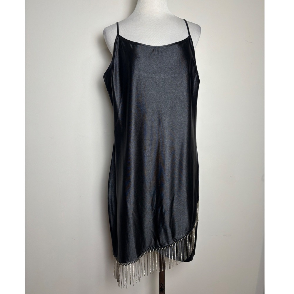 Inspired Hearts Black Satin Slip Dress 2X Flapper Rhinestone Fringe Asymmetric